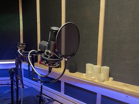 Close-up of a condenser microphone with pop filter against acoustic foam paneling